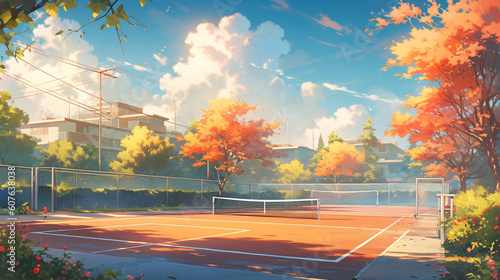 summer small fresh style tennis court sky nature illustration background