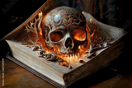 An AI depiction of an old book in flames, with a decorated skull emerging from it, the soul of someone long since deceased.
