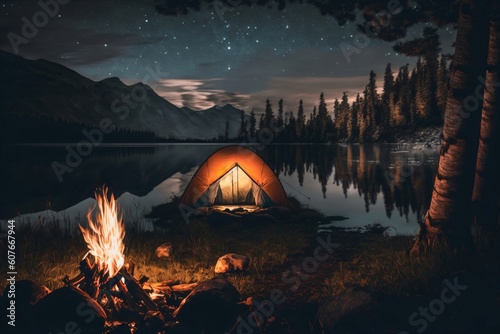 small tent by a campfire at a lake at night created with Generative AI technology