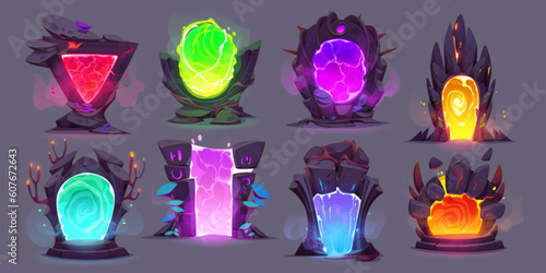 Magic gate portal door ui futuristic game cartoon set. Green and blue teleport frame to fantastic parallel world. Wizard mysterious glowing entrance to travel through purple or pink gateway hole