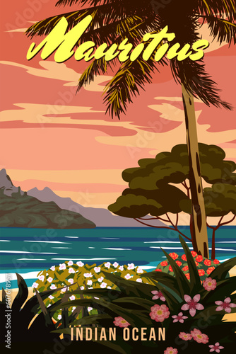 Travel poster Maurutius tropical island resort vintage