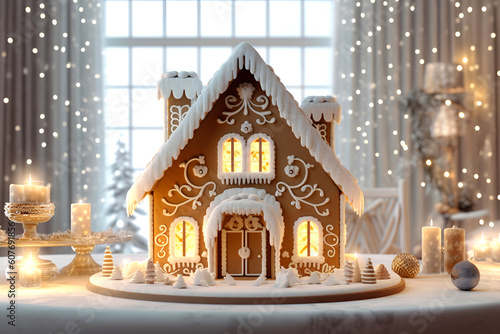 Christmas gingerbread house in a decorated room with highlights. Generative AI