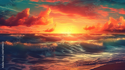 landscape sea waves at sunset Generative AI