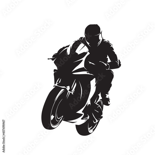 Wheelie, road motorbike racing, isolated vector silhouette. Motorcycle rider celebrates win