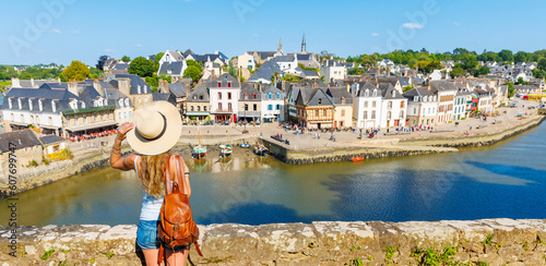 Woman tourist traveling in Brittany- Saint Goustan port, Auray city landscape- France, Morbihan