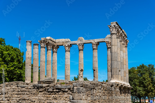 Roman Temple of Diana in Evora. Alentejo, Portugal. Columns with Corinthian-style capitals