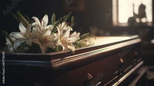 Flowers on a coffin in the funeral services. Generative Ai