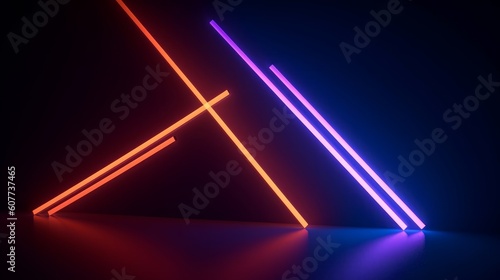 3d render, abstract minimal neon background with glowing lines. Dark wall illuminated with led lamps. Blue orange wallpaper, Generative AI