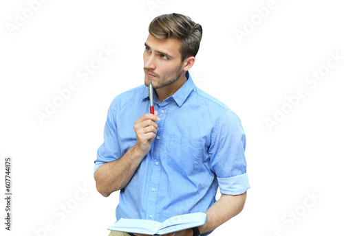 Portrait of handsome smiling man in casual shirt taking notes on a transparent background