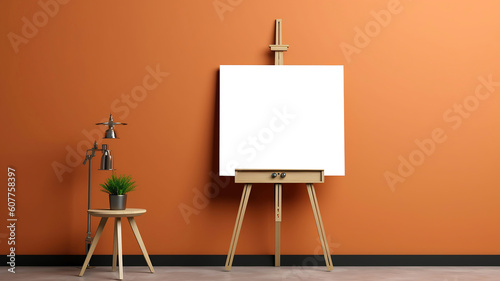 blank canvas easel next to color wall mockup. Generative Ai. Generative Ai