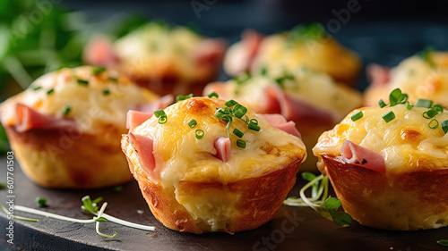 Delicious egg muffins with ham, cheese. Generative Ai