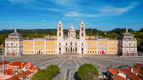 Aerial view of the Palace of Mafra. Unesco world heritage in Portugal. Aerial top view of the Royal Convent and Palace of Mafra, baroque and neoclassical palace. Drone view of a historic castle.