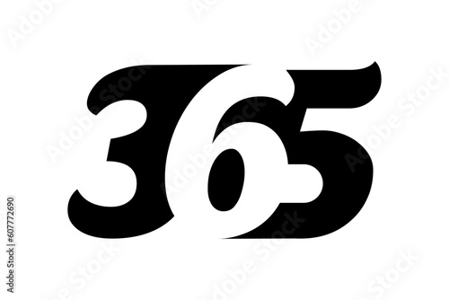 365 logo on white background. Black text with negative space effect. Every day in a year sign. Numbers three six five. Infinity symbol. Continuity endless concept. Vector illustration, flat, clip art 