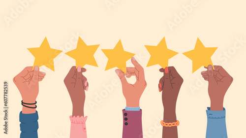 Group of diverse people hands holding a five stars rating. Concept of customers review and positive feedback. Hand drawn vector illustration isolated on light background, flat cartoon style.