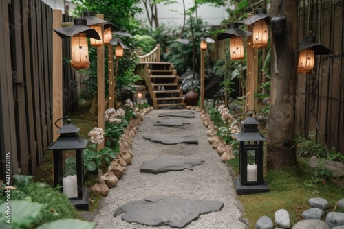 diy garden with stone path, hanging lanterns and natural decor, created with generative ai