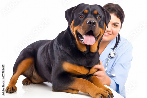 Close up of a beautiful rottweiler dog at the veterinarian. Sick cute pet sitting at the examination table at the animal clinic