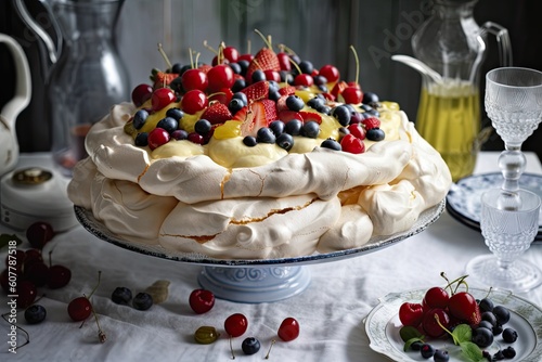 piled high with fruit and cream, meringue making a refreshing and light dessert, created with generative ai