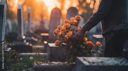 person leaving flowers on cemetery grave in memorial. generative ai