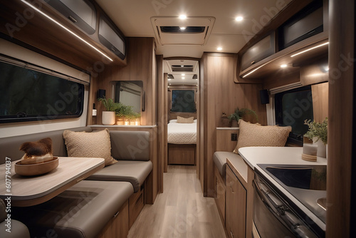 Like home interior of motor camping car, furnishing decor of salon area in comfortable modern caravan house design. Relaxation area for travel. Travelling and entertainment concept. Generative AI