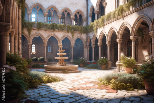 Paved courtyard of a medieval castle. Cinematic light, volumetric light, no people with empty space for characters. Realistic environment made with Generative AI