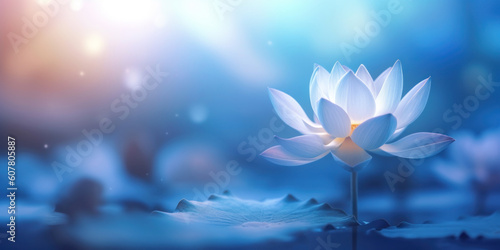 Lotus flower blooming in the pond with sunlight and blue sky. Generative AI