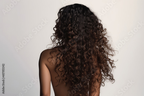 Long Brunette Afro Curls , Rear View On White Background. Generative AI