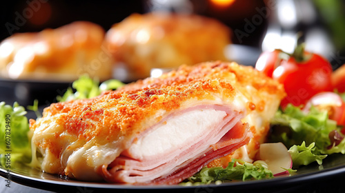 French traditional cuisine chicken cordon bleu with cheese and ham. Generative Ai