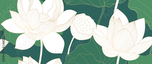 Luxury oriental flower background vector. Elegant white lotus flowers golden line art, leaves in seamless pattern. Japanese and Chinese illustration Design for wallpaper, poster, banner, fabric.