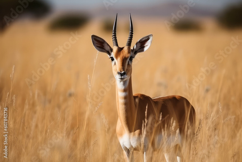 The springbok (medium-sized antelope) in tall yellow grass. Wild african animals, generative AI