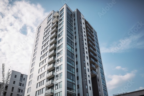 high-rise apartment building with modern exterior and clean lines, reflecting the energy of the city, created with generative ai