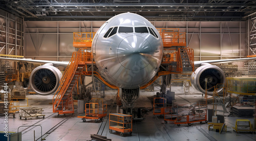 plane in the hangar, maintenance in the airport generativa IA