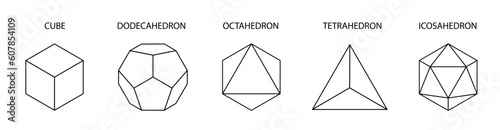 Set of vector linear platonic solids. Mathematical geometric shapes such as cube, tetrahedron, octahedron, dodecahedron, icosahedron. Icon, logo, button.