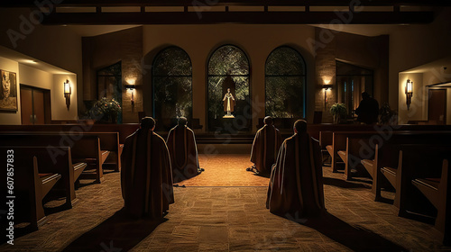 Interior of a catholic church. Monk prayers. Generative AI.
