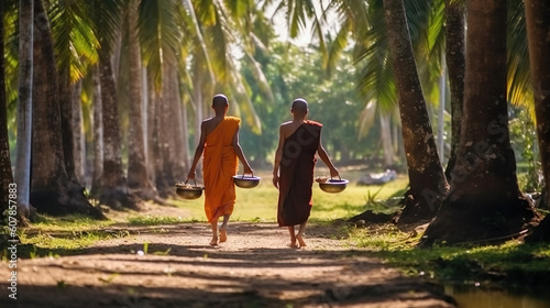 Buddhist monk walking on the path between palm trees and holding alms bowls. Generative AI.