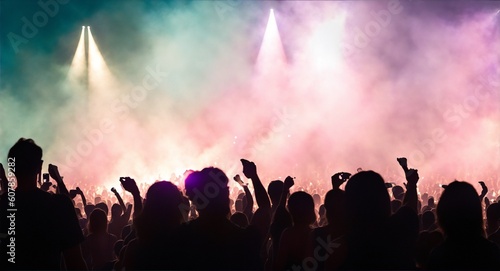 Silhouetted crowd watching illuminated stage at music festival, generative ai