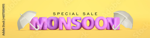 Monsoon season sale banner. 3d balloon monsoon text and 3d umbrella on yellow background. Vector cartoon illustration for promotion, discount, web header, coupon