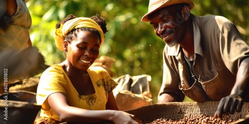 Handpicking Jamaican Coffee Beans in Lush Plantation - High Quality, Sharp Image with Couples, Greenery, Harvest, and Generative AI