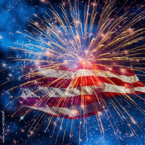 Fondo con detalle de cielo nocturno de tonos azulados, con fuegos artificiales sobre la bandera de USA, como celebracion del 4 de Julio, dia de la independencia