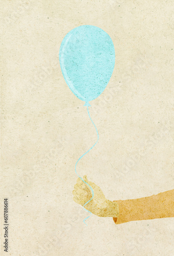 Ilustracja grafika ręka trzymająca niebieski balonik na jasnym beżowym tle.