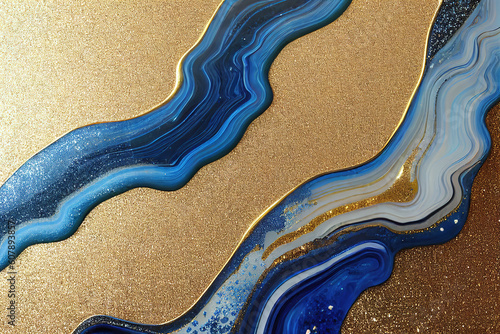 Blue and golden acrylic liquid ink swirl abstract background with ravishing turbulence wavy pattern and detailed texture. Luxury fluid liquid art by Generative AI.