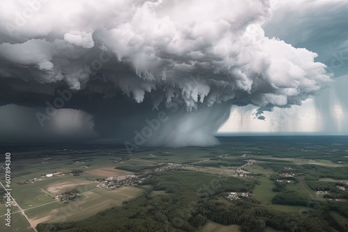 aerial view of tornado with storm clouds spinning overhead, created with generative ai