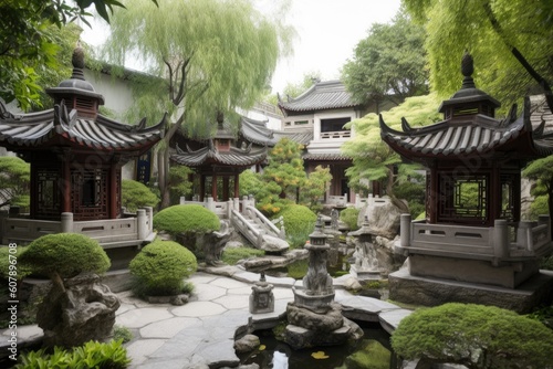 refreshing garden with water features and stone lanterns, surrounded by chinese pagodas, created with generative ai