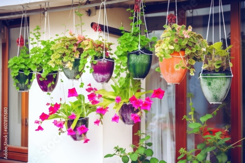 diy garden with container and hanging planters, decorative pots and plants, created with generative ai