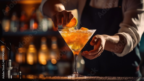 bartender making cocktail. slicing a long ribbon of lemon peel
