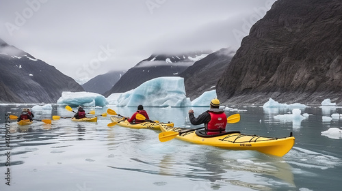 Group of friends enjoy ocean kayaking bear glacier during their vacation trip to in Alaska, Generative AI