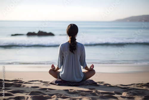 woman meditating on the beach 