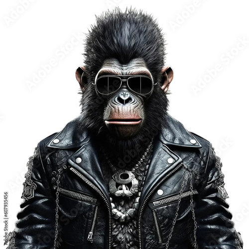 Illustration of a gorilla dressed as a rock musician with a leather jacket, sunglasses and colored hair. Generative ai