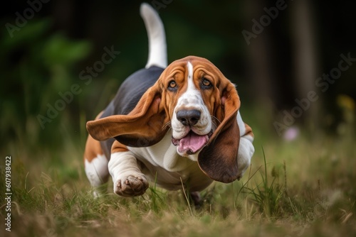 Portrait of a beautiful adult basset hound running in the grass AI Generated