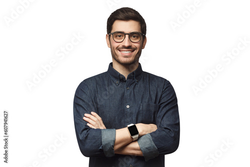 Young man wearing smart watch with crossed arms