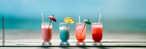 Glasses with assorted cocktails in the beach bar. Summer vacation concept. Created with generative Ai